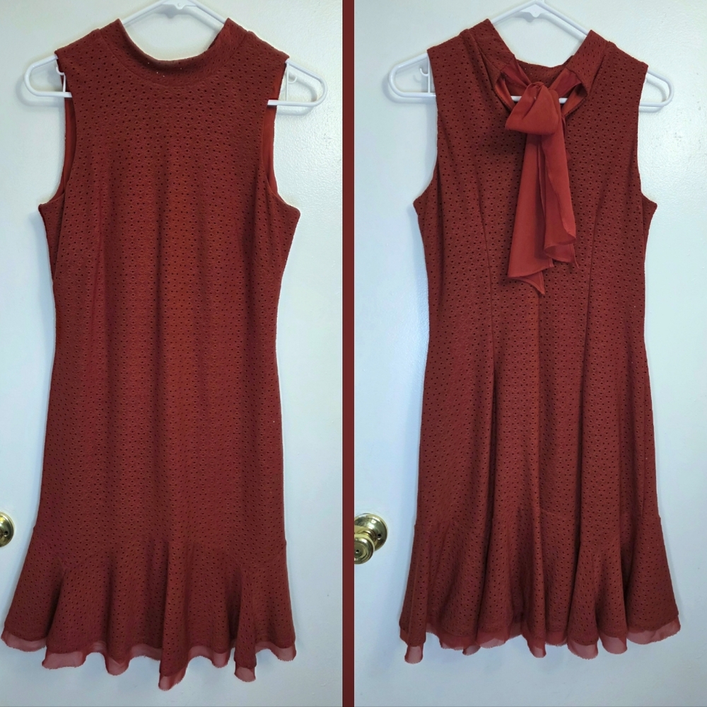 Signature By Robbie Tie Sleeveless Midi Dress Eyelet Knit Layer Burnt Orange S